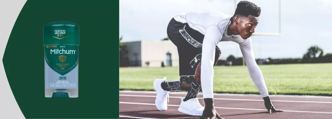 Mitchum deodorant stick on a green background with a person in athletic gear preparing to run on a track.